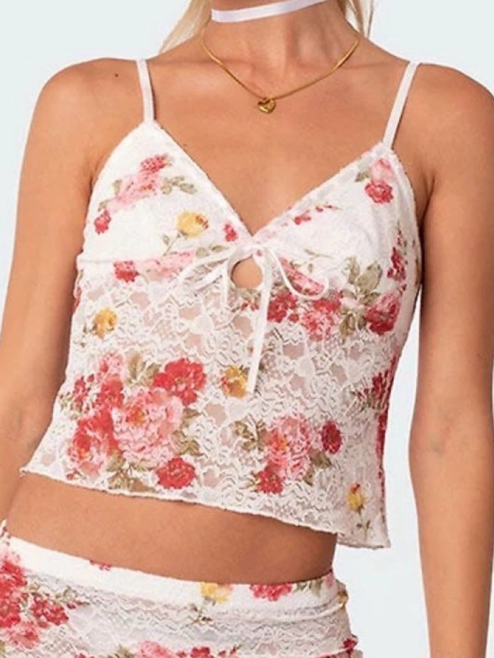 Edikted White Floral Lace Tank Top with Pink and Red Roses